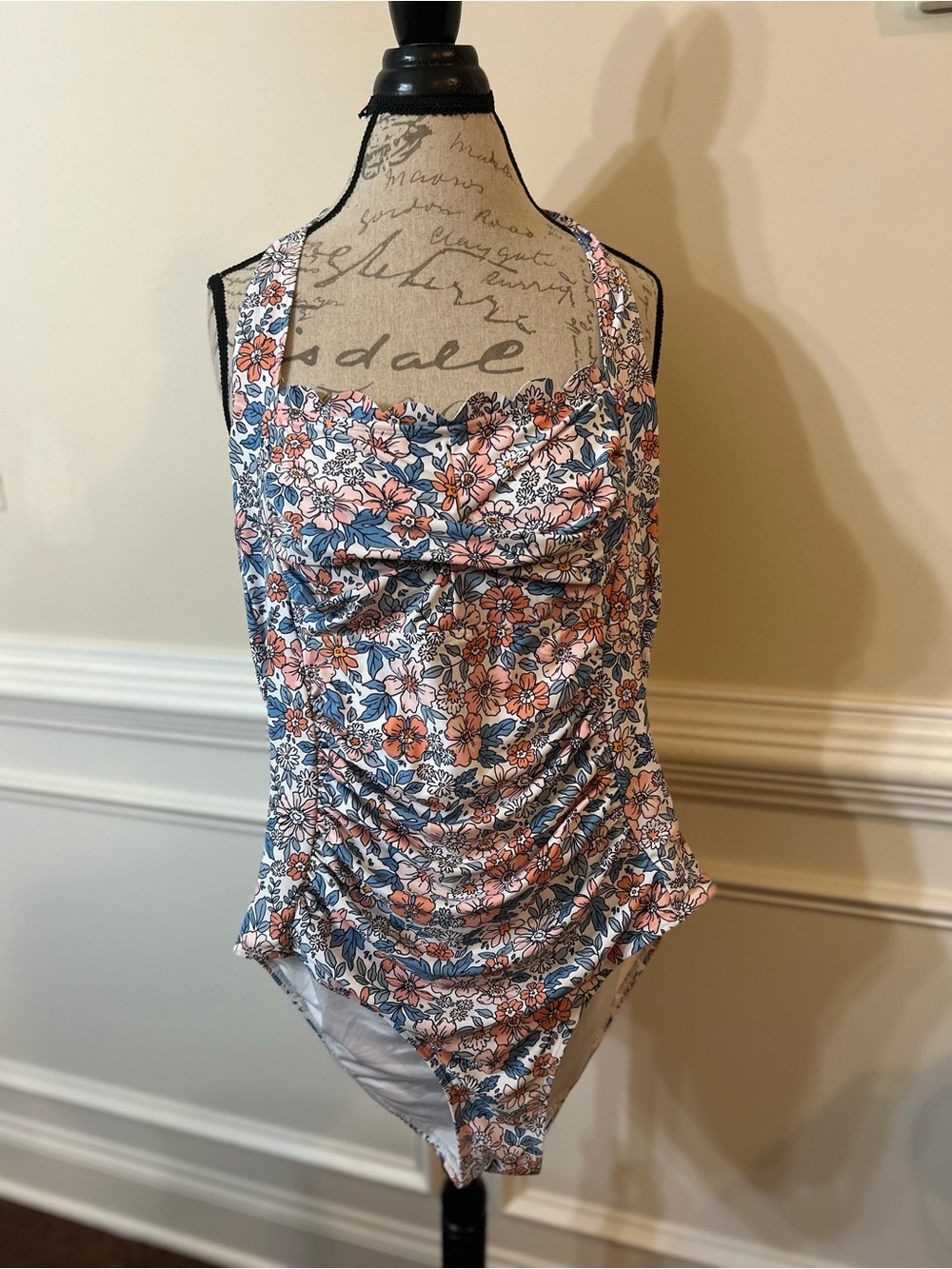 Floral Halter‎ One-Piece Swimsuit in Coral, Navy & White